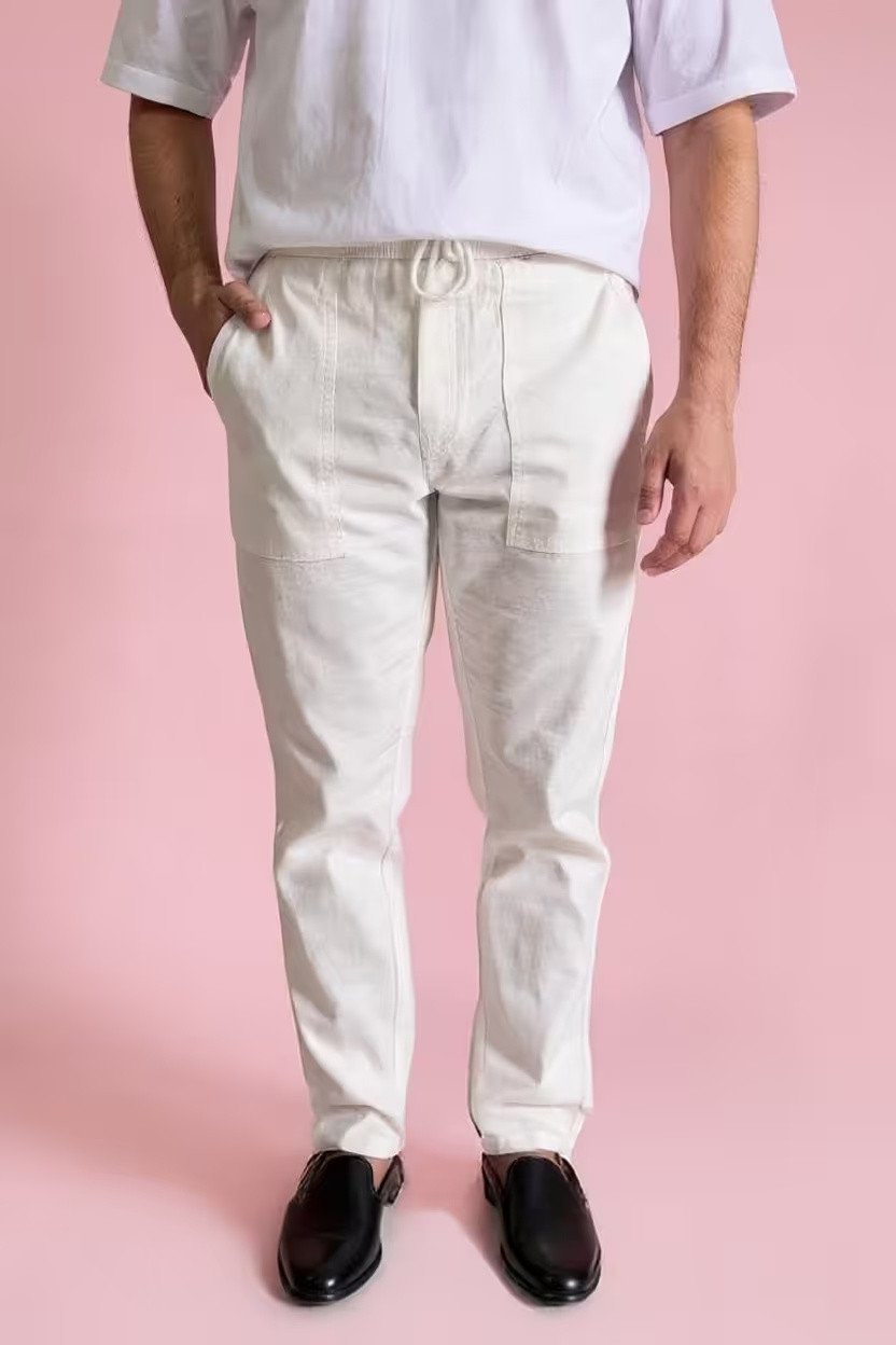 Solid White Cotton Regular Fit Men's Pants