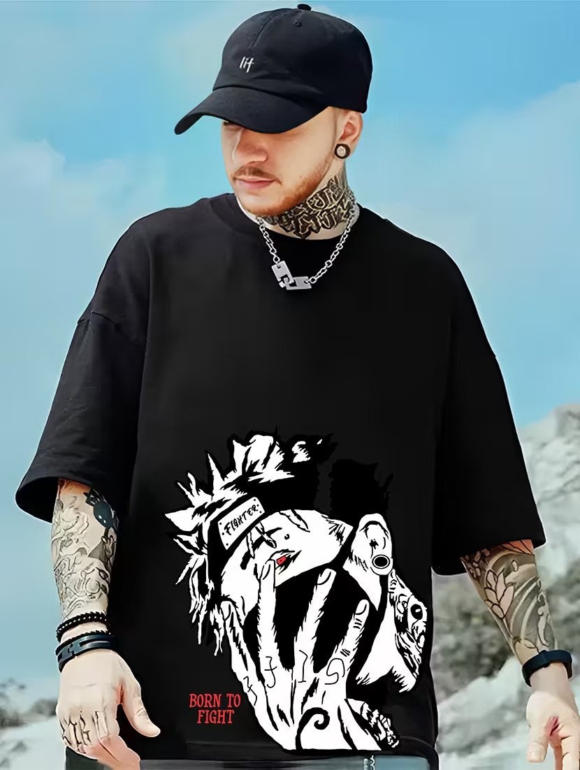 Men Black oversized front and back print t-shirt